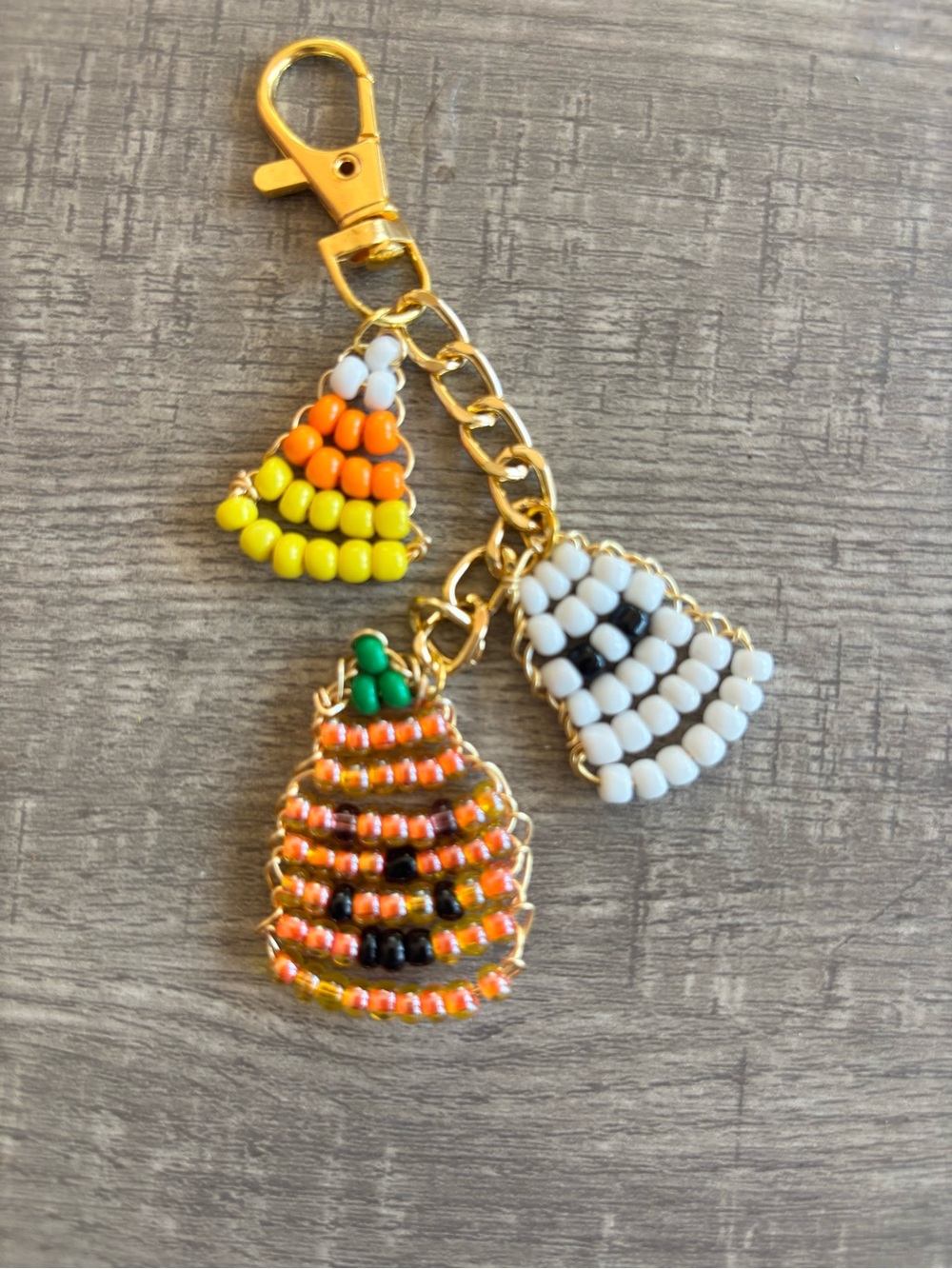 Beaded Halloween Charm Keychain - Orange, White, Yellow